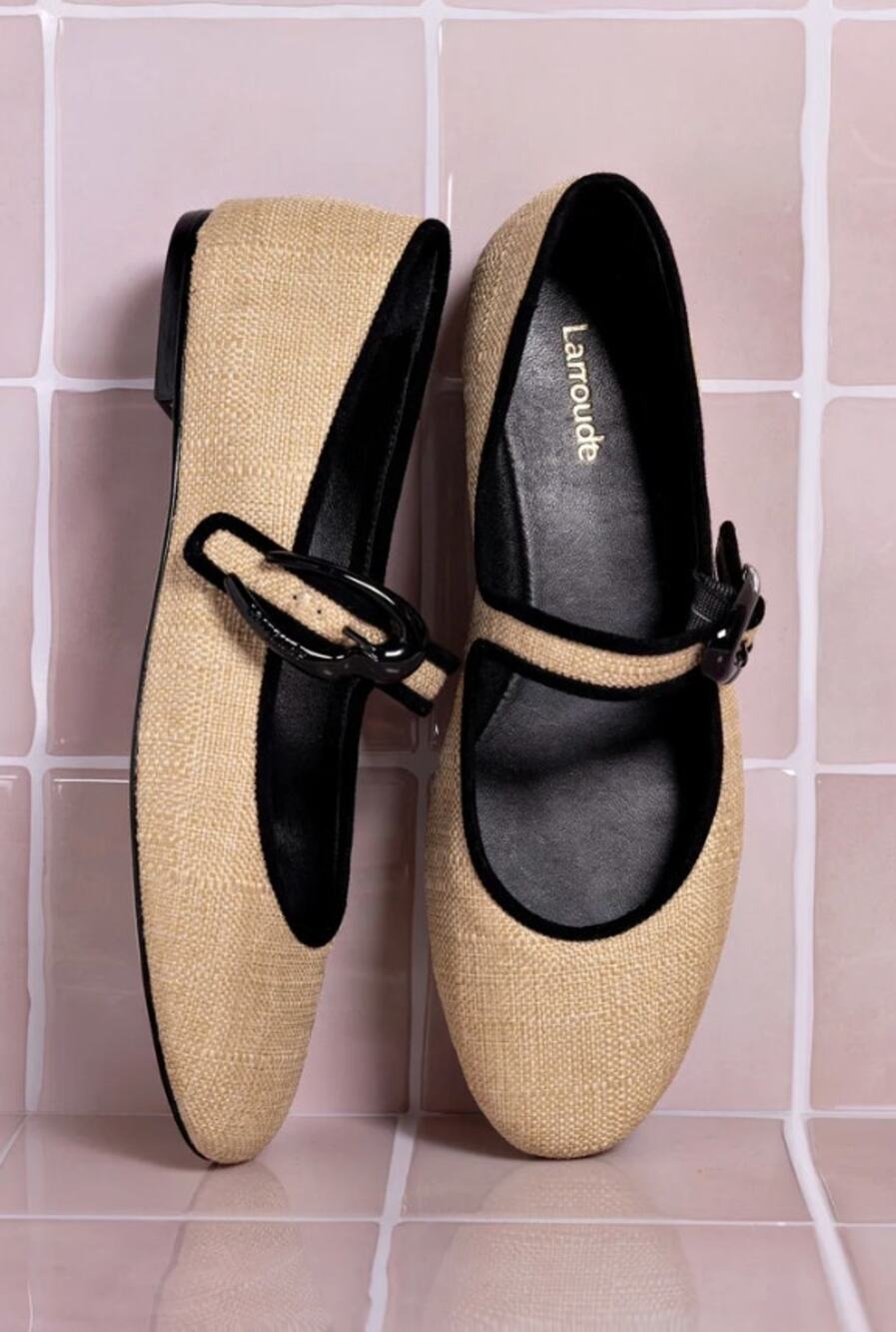 Larroude Shoes 10 Verona Ballet Flat Beige Raffia Mary Jane Flats Casual Office